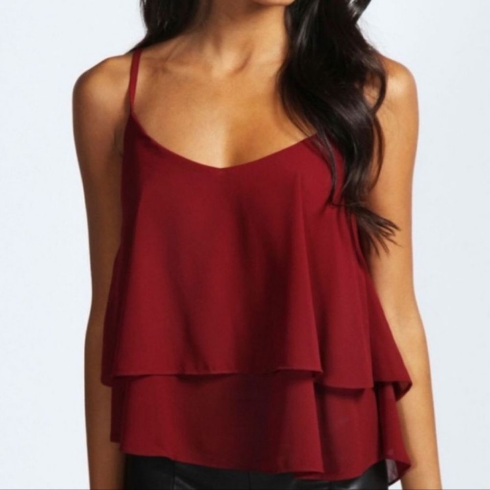 AMERICAN RAG burgundy tiered sleeveless blouse, size XS, EUC